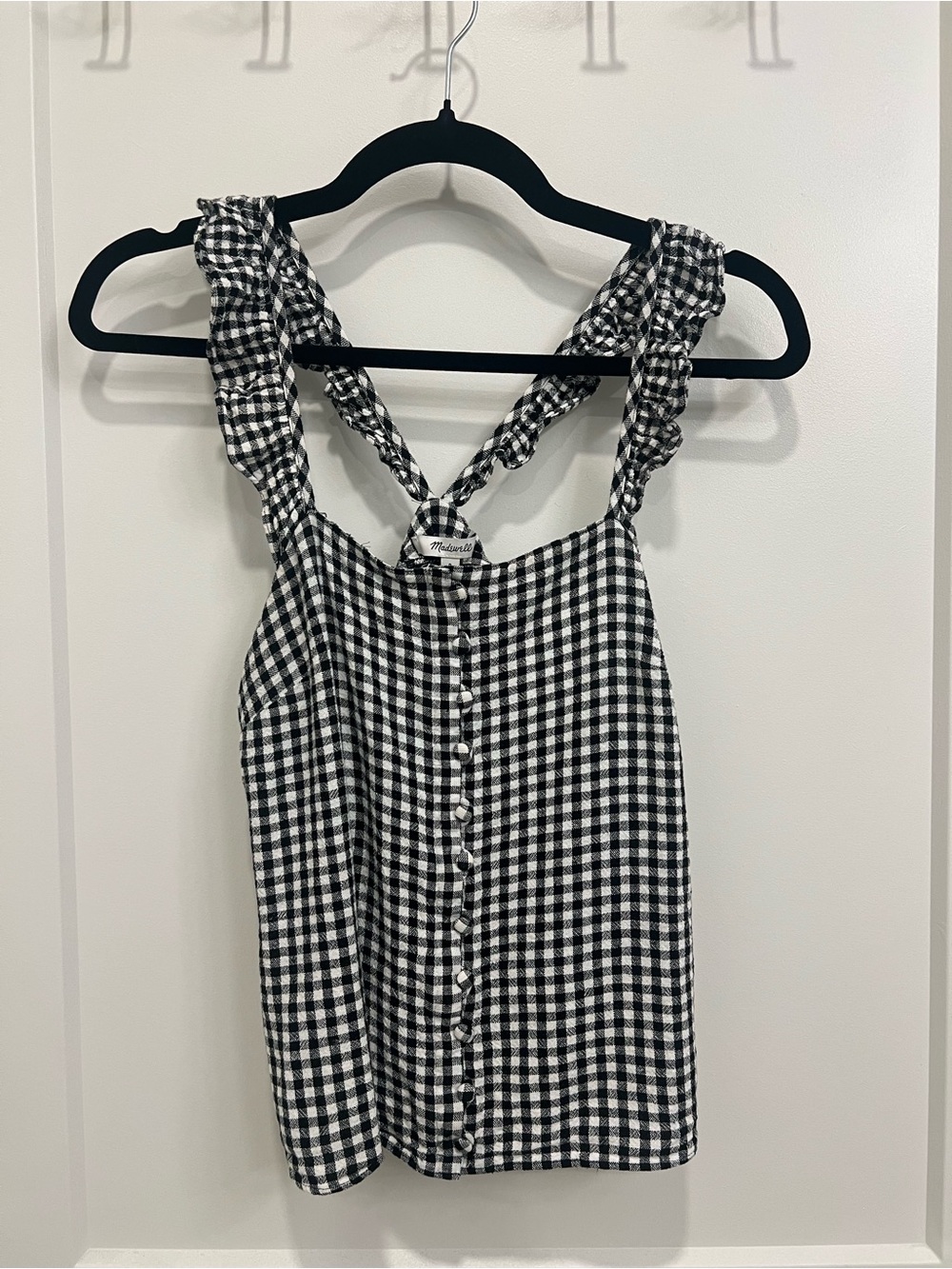 Madewell Black and White Gingham Ruffle-Strap Tank